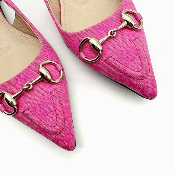 GUCCI Erin Horsebit Pointed Toe Slingback Flat Size 37 Pink GG Guccissima - Picture 5 of 13
